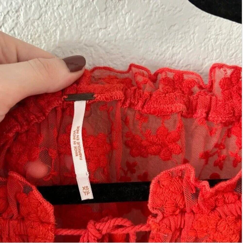 Free People Jubilee Embroidered Red Lace Blouse - Picture 7 of 9